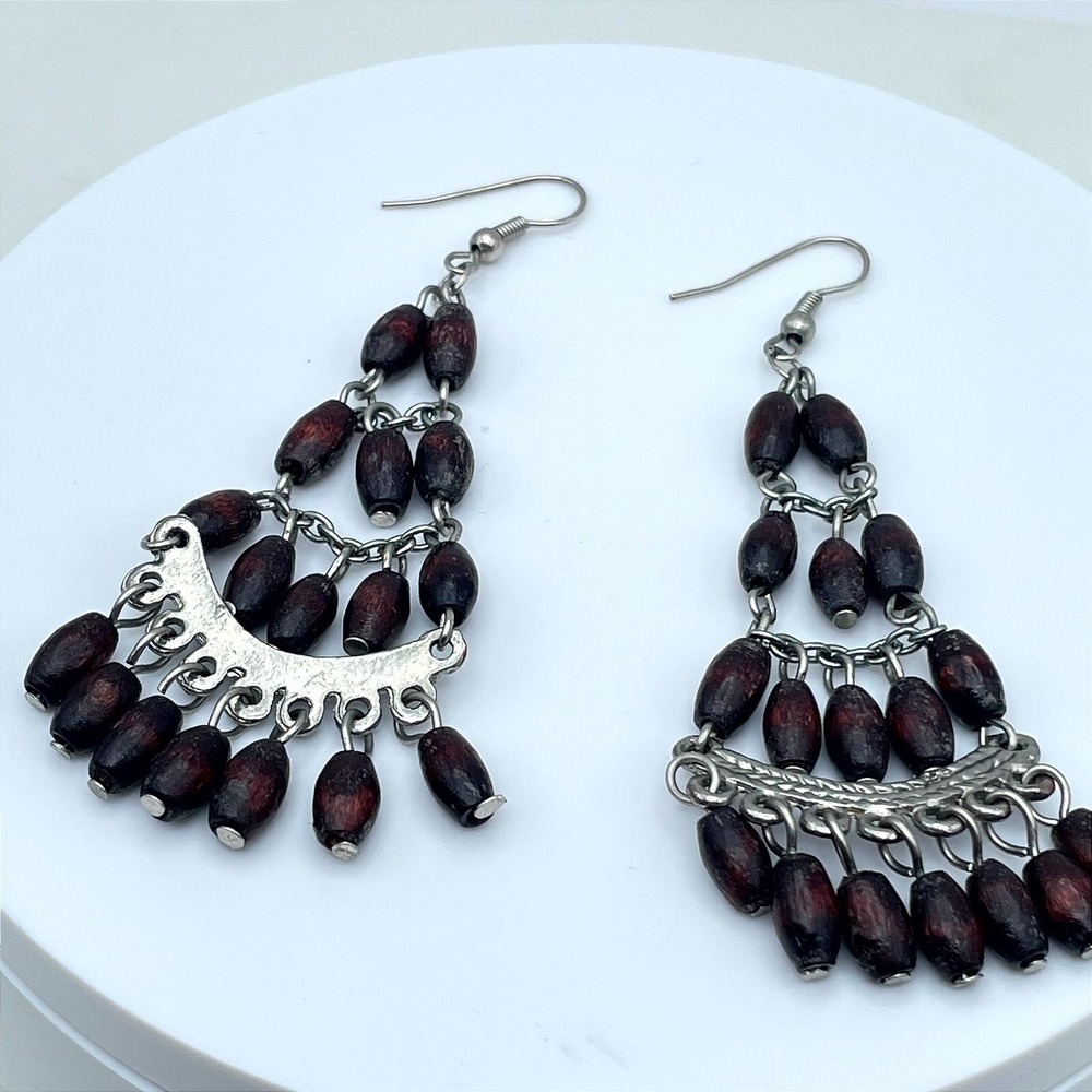 Vintage Silver-Tone Tribal Oval Wooden Beads Dangle Chandelier Hook Earrings